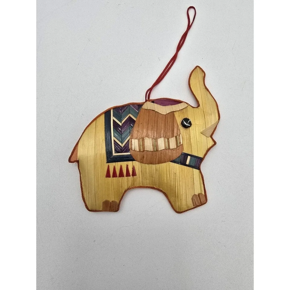 4 Vtg‎ Painted Straw Christmas Ornaments Double Sided Colorful Horse Elephant